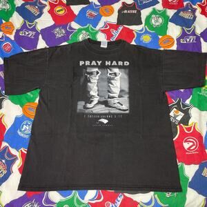 VTG 90s Jesus Pray Hard 1 Thessalonians 5:17 God Bible Verse Mens Sz XXL T-Shirt